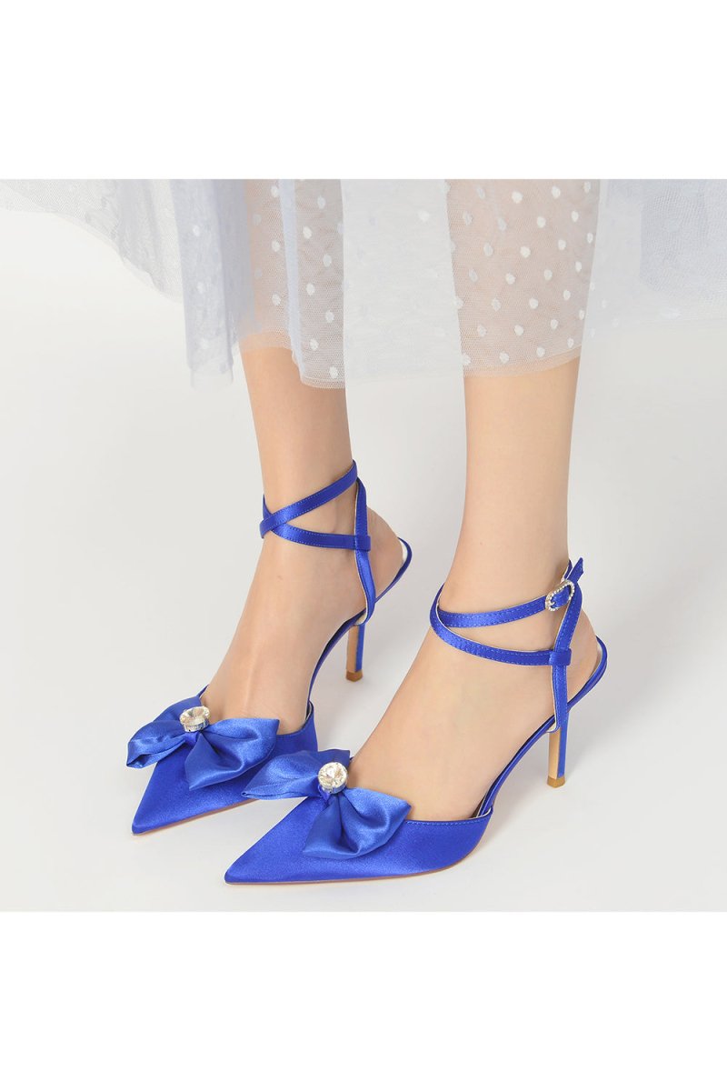 Buckle Strap Bow Pointed Toe High Heels - KissProm