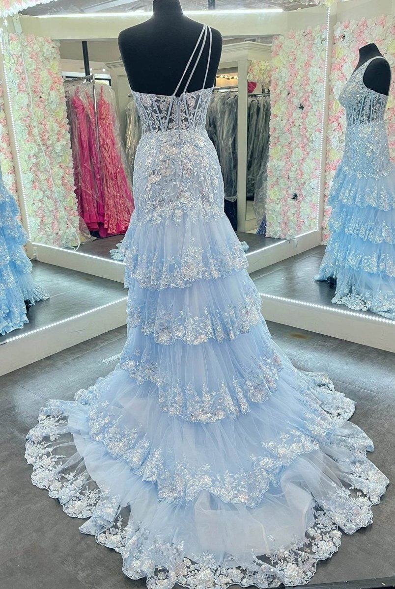 Andrea |Sheath One Shoulder Tiered Lace Long Prom Dress