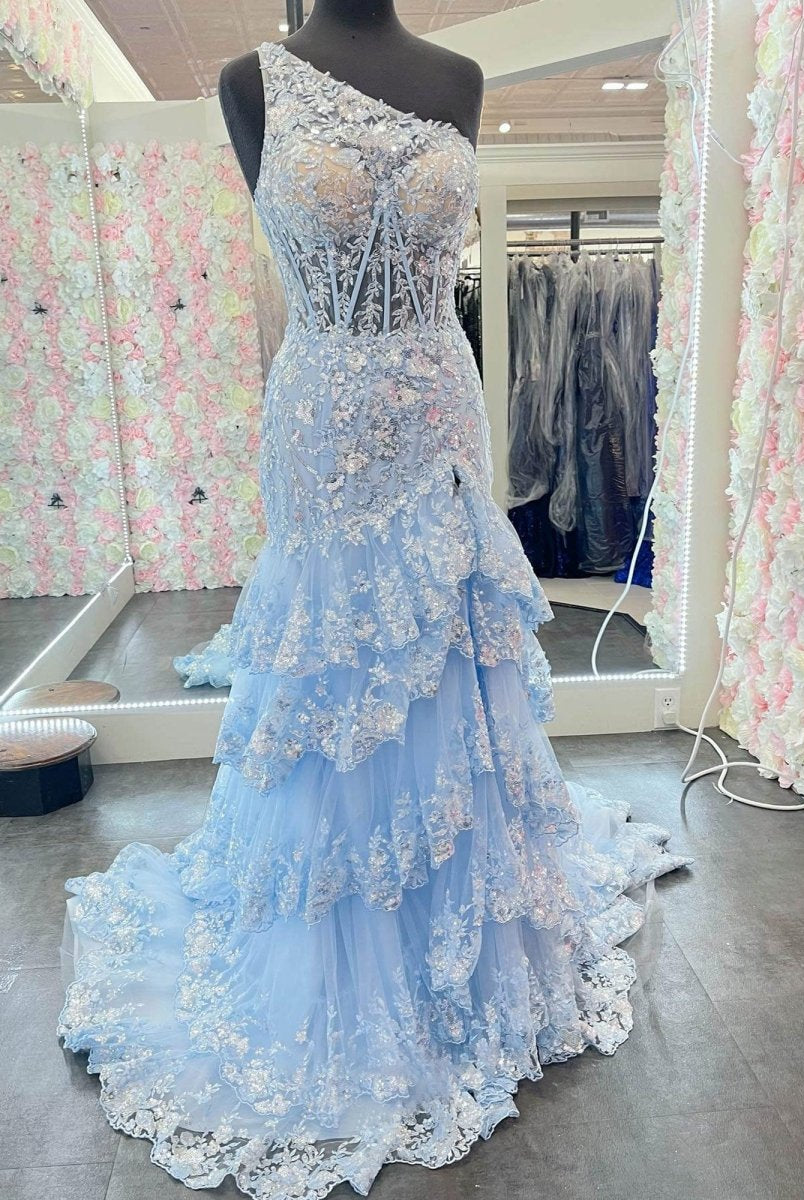 Andrea |Sheath One Shoulder Tiered Lace Long Prom Dress