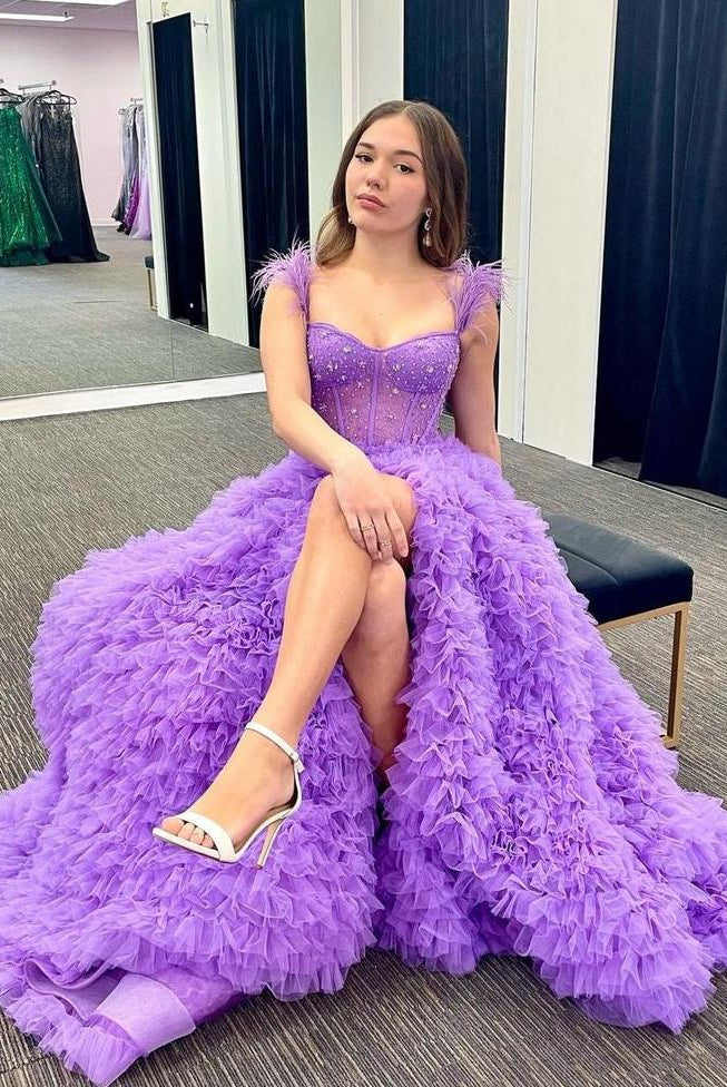 Ingrid |A Line Sweetheart Tiered Tulle Long Prom Dress With Slit