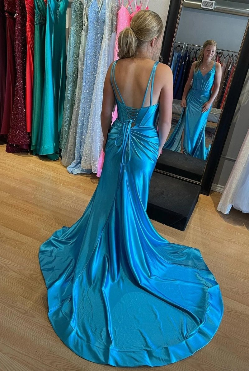 Lara | Grape Mermaid Satin V Neck Long Prom Dress with Slit