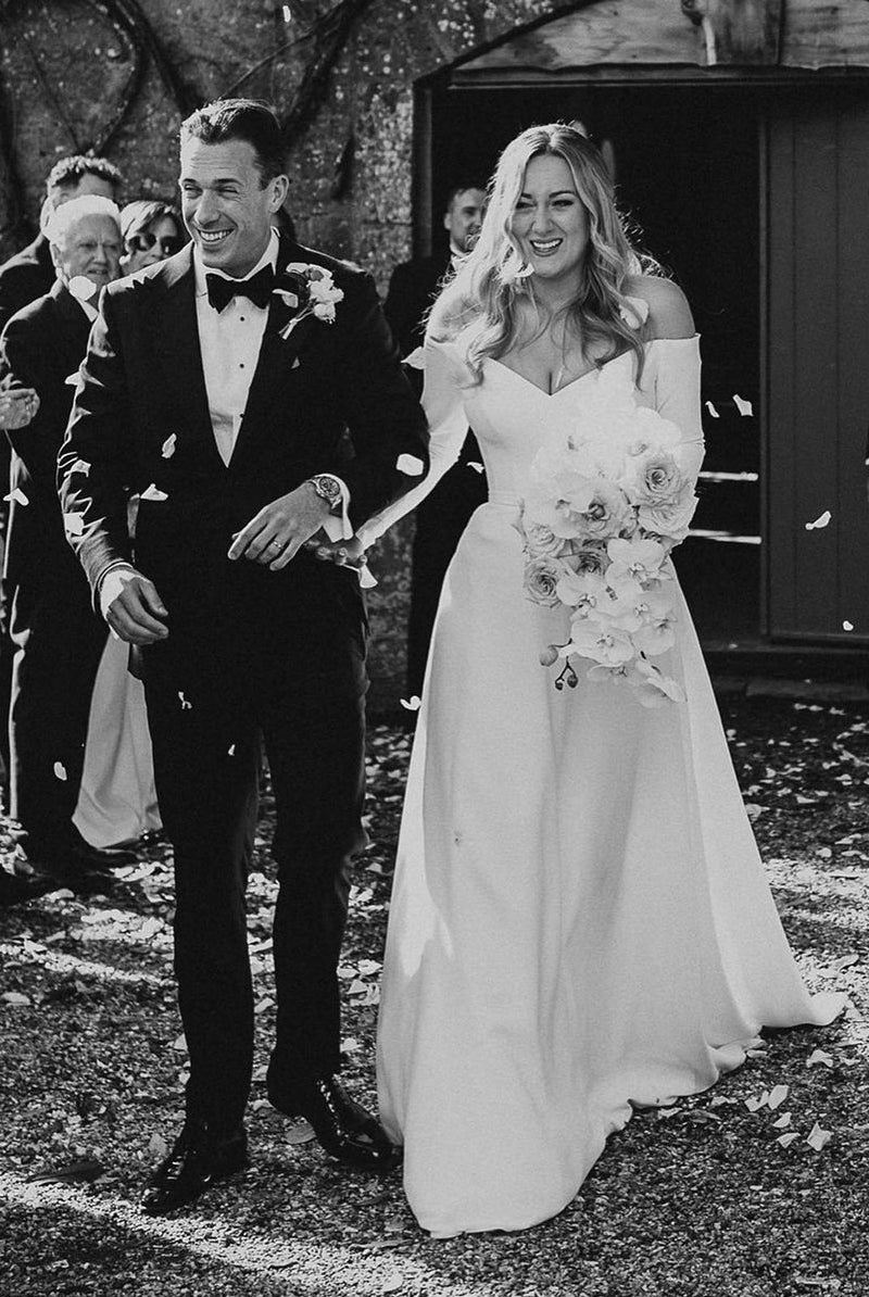 Simple A-Line Off the Shoulder Long Sleeves White Satin Wedding Dresses