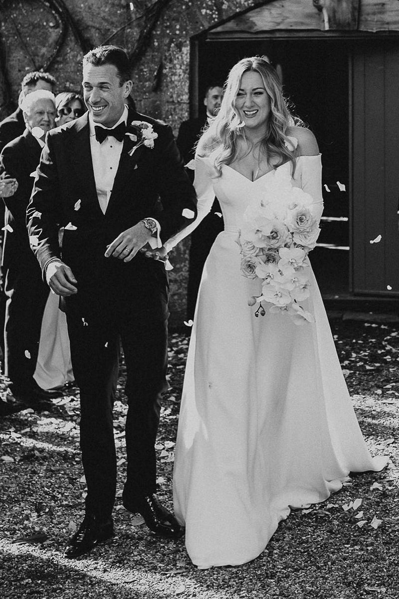 Simple A-Line Off the Shoulder Long Sleeves White Satin Wedding Dresses