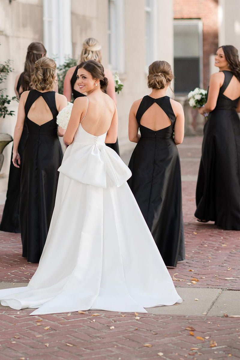 Simple A - Line Round Neck Black Satin Long Bridesmaid Dresses - KissProm