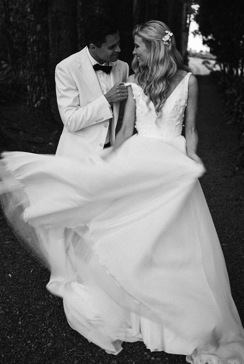 Zuri | Elegant A-Line V Neck White Chiffon Wedding Dress with Appliques