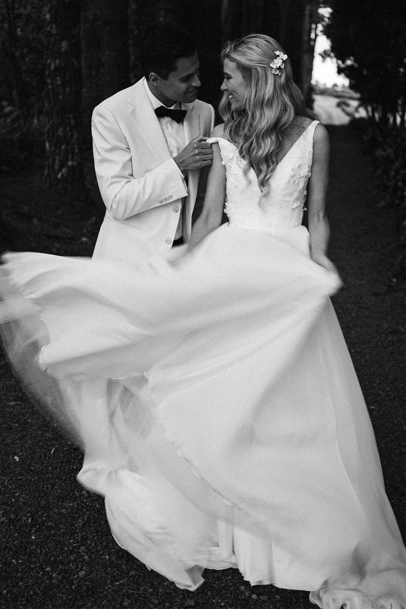 Zuri | Elegant A-Line V Neck White Chiffon Wedding Dress with Appliques