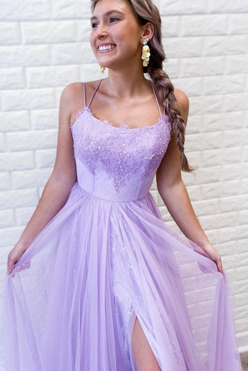 A Line Purple Backless Tulle Long Prom Dress
