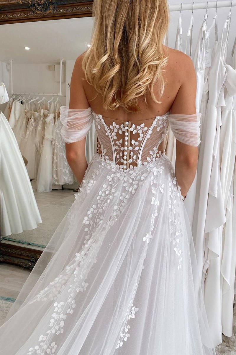 A - Line Sweetheart Tulle Appliques Wedding Dresses - KissProm