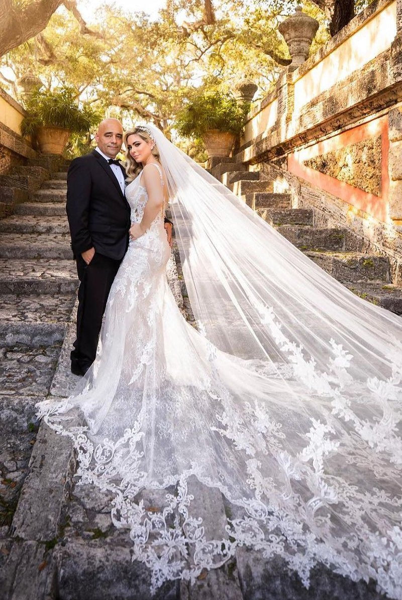 Mermaid V Neck Tulle Wedding Dresses with Train - KissProm