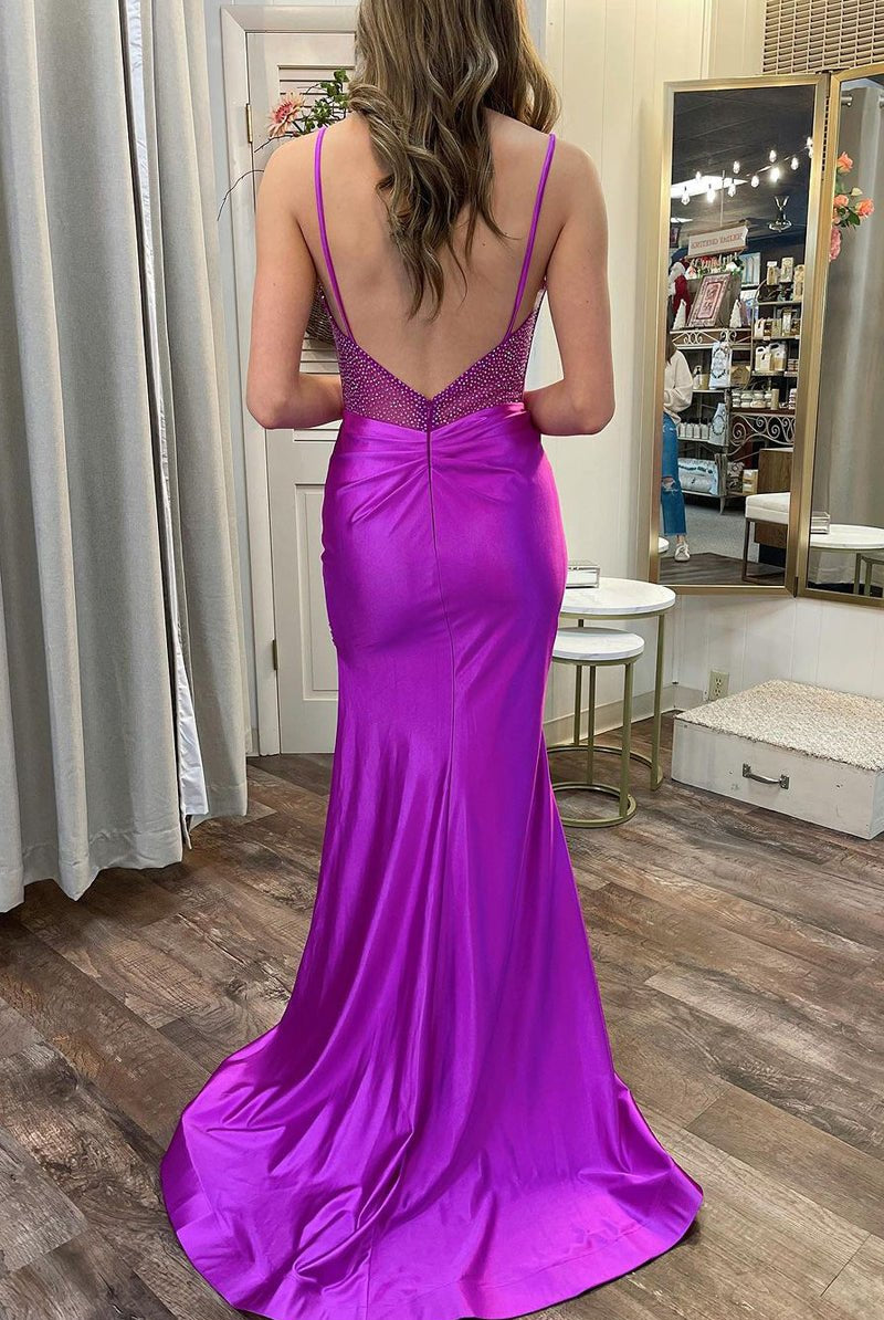 Olive | Purple Sweetheart Satin Mermaid Long Prom Dresses with Slit