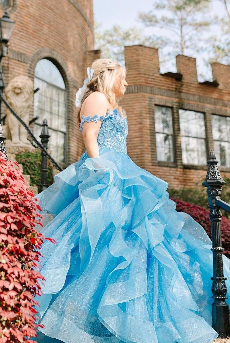 Blue Off the Shoulder Ruffle Tiered Tulle Long Prom Dresses with Appliques - KissProm
