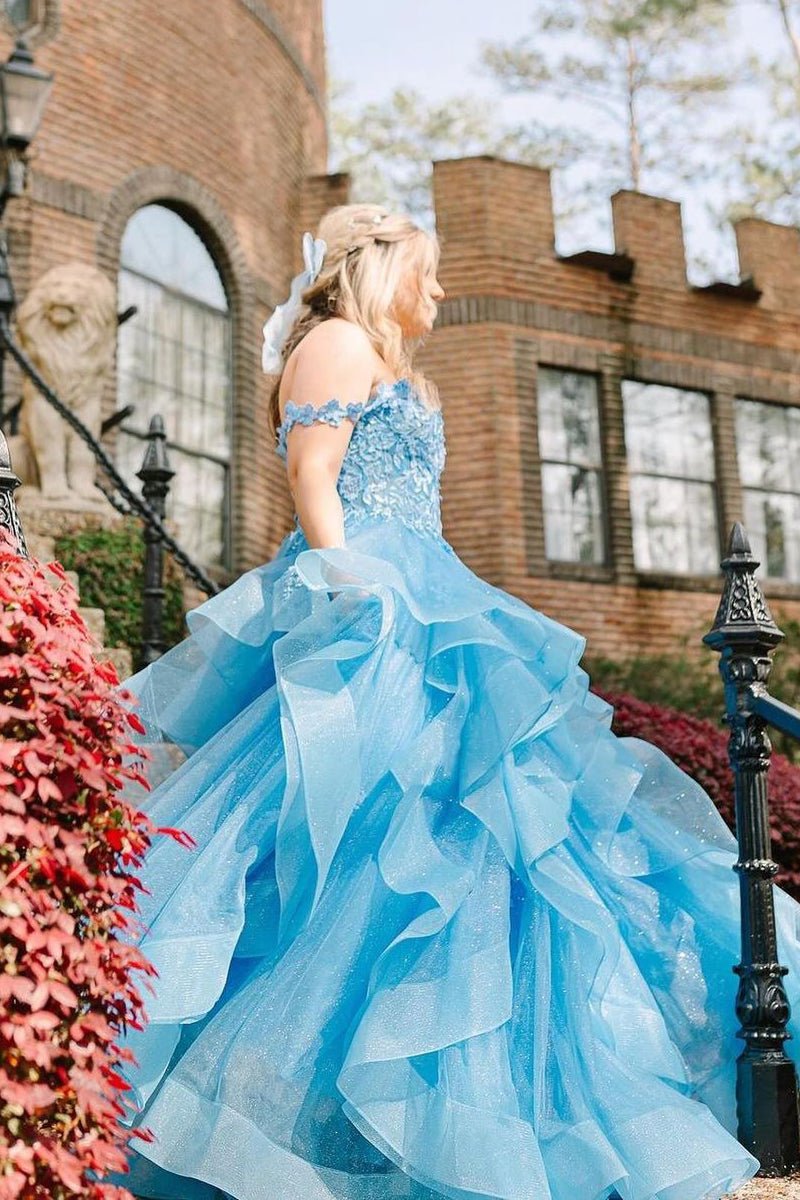 Blue Off the Shoulder Ruffle Tiered Tulle Long Prom Dresses with Appliques - KissProm