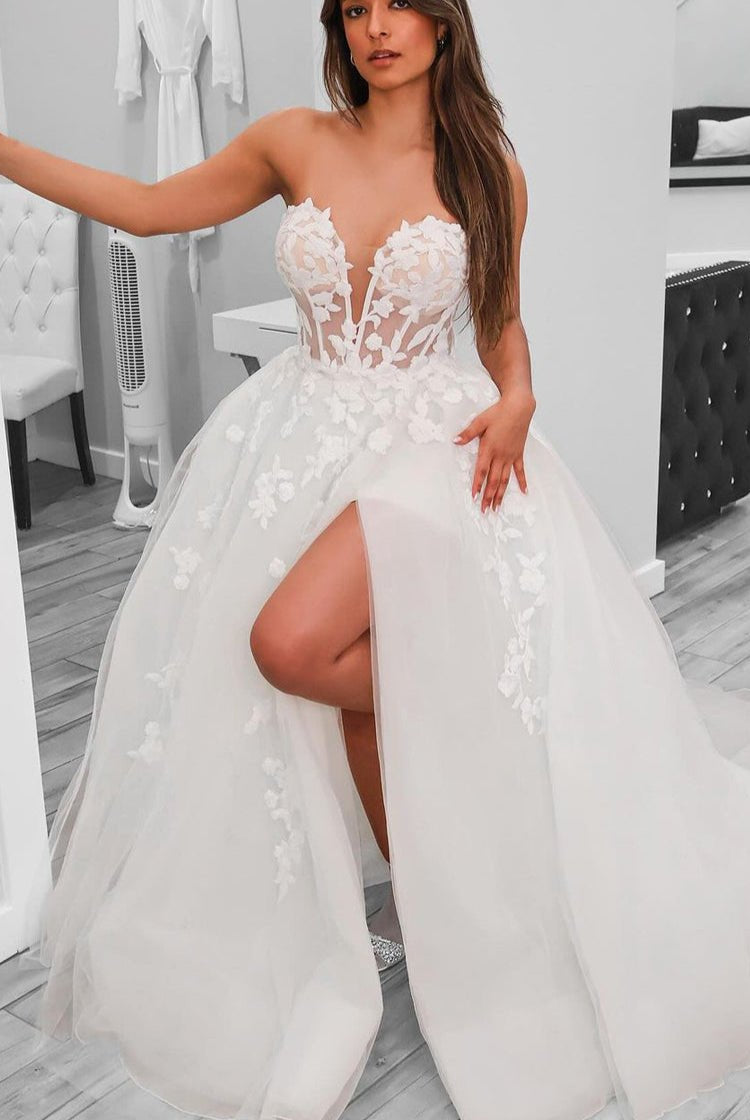 A-Line Sweetheart Tulle Wedding Dresses With Slit