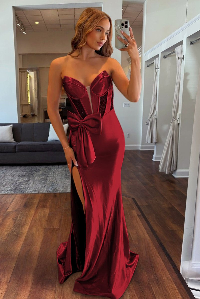Cabria | Burgundy - Strapless Mermaid Satin Long Prom Dresses With Bowknot - KissProm