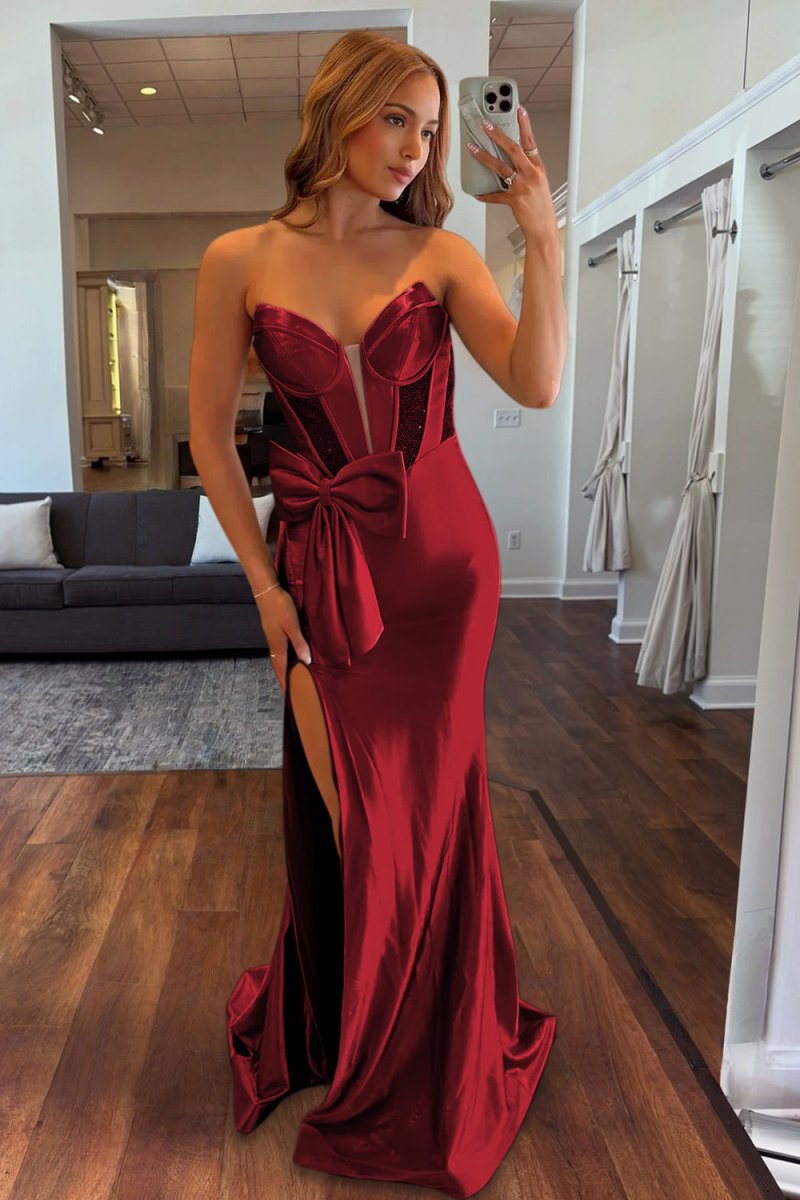 Cabria | Burgundy - Strapless Mermaid Satin Long Prom Dresses With Bowknot - KissProm