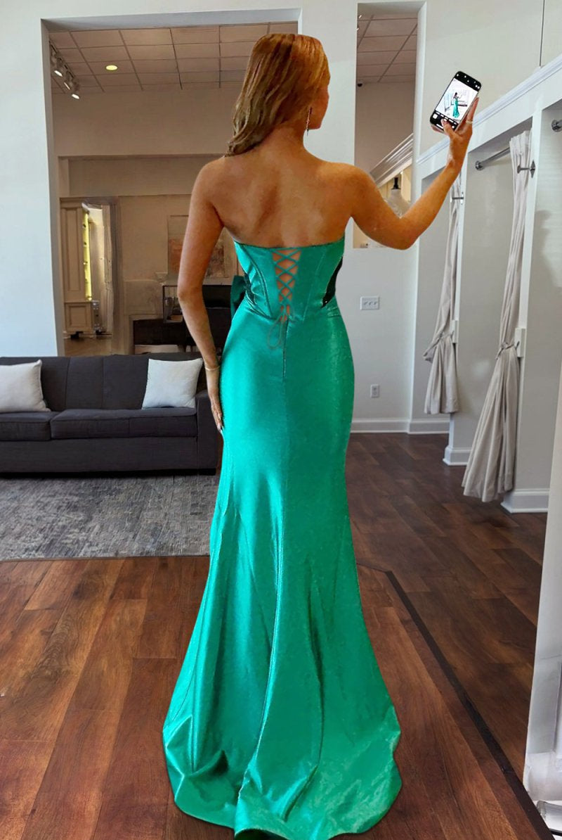 Cabria | Emerald - Strapless Mermaid Satin Long Prom Dresses With Bowknot - KissProm