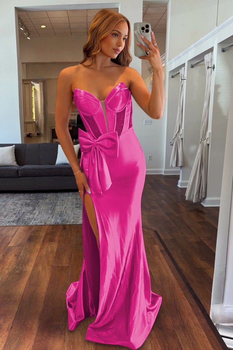 Cabria | Fuchsia - Strapless Mermaid Satin Long Prom Dresses With Bowknot - KissProm