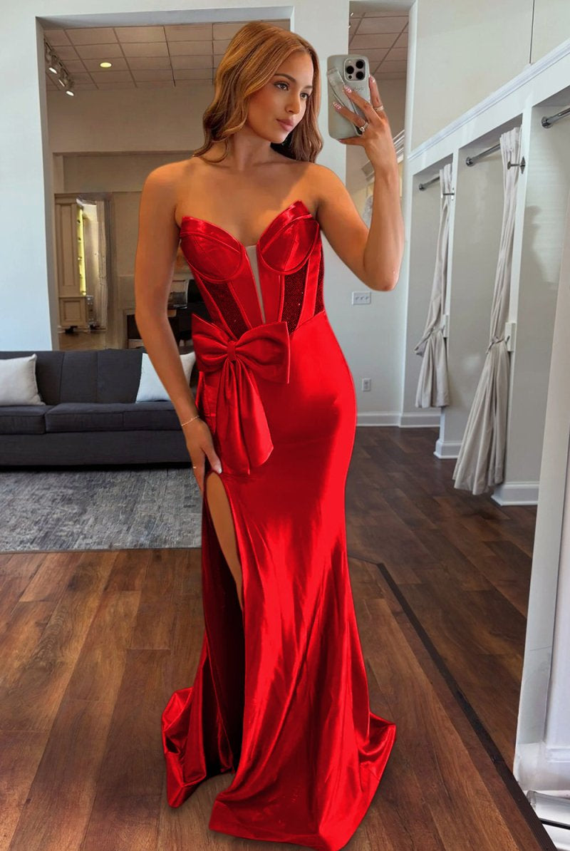 Cabria | Red - Strapless Mermaid Satin Long Prom Dresses With Bowknot - KissProm