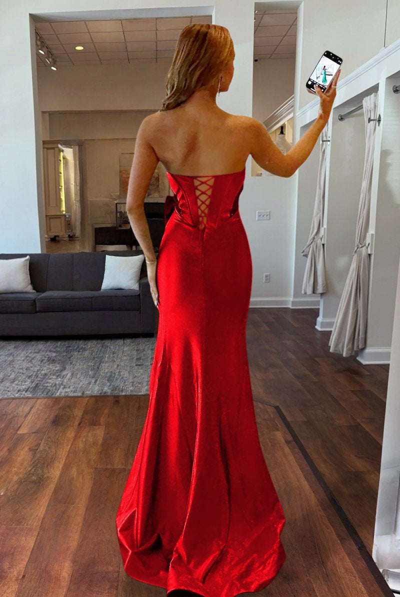 Cabria | Red - Strapless Mermaid Satin Long Prom Dresses With Bowknot - KissProm