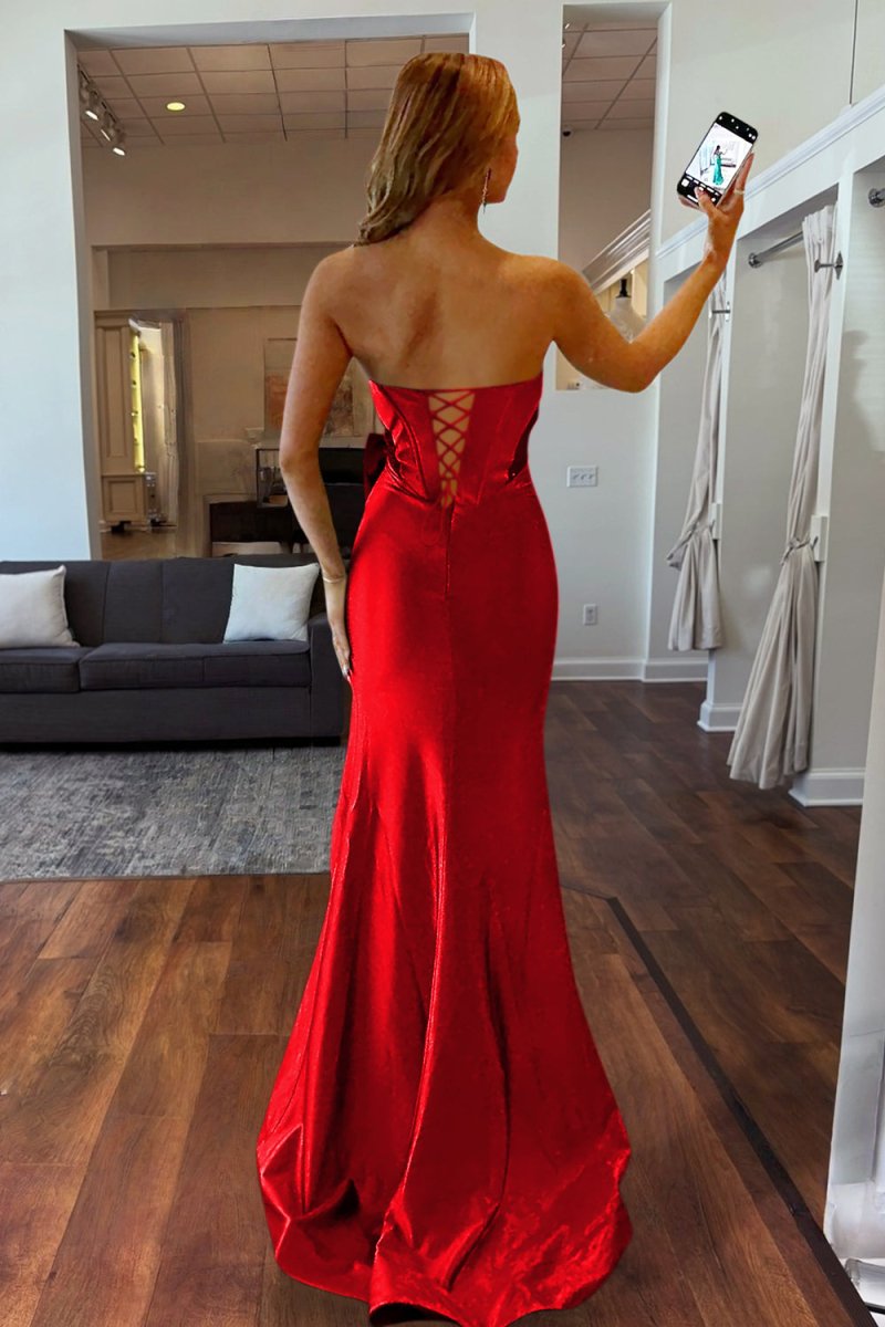 Cabria | Red - Strapless Mermaid Satin Long Prom Dresses With Bowknot - KissProm