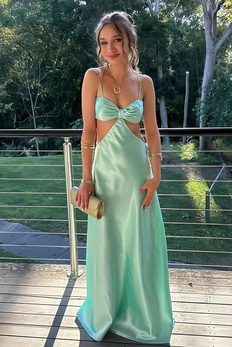 KissProm-Caeli Mint Green Sheath Spaghetti Straps Long Satin Prom Dresses With Cut out
