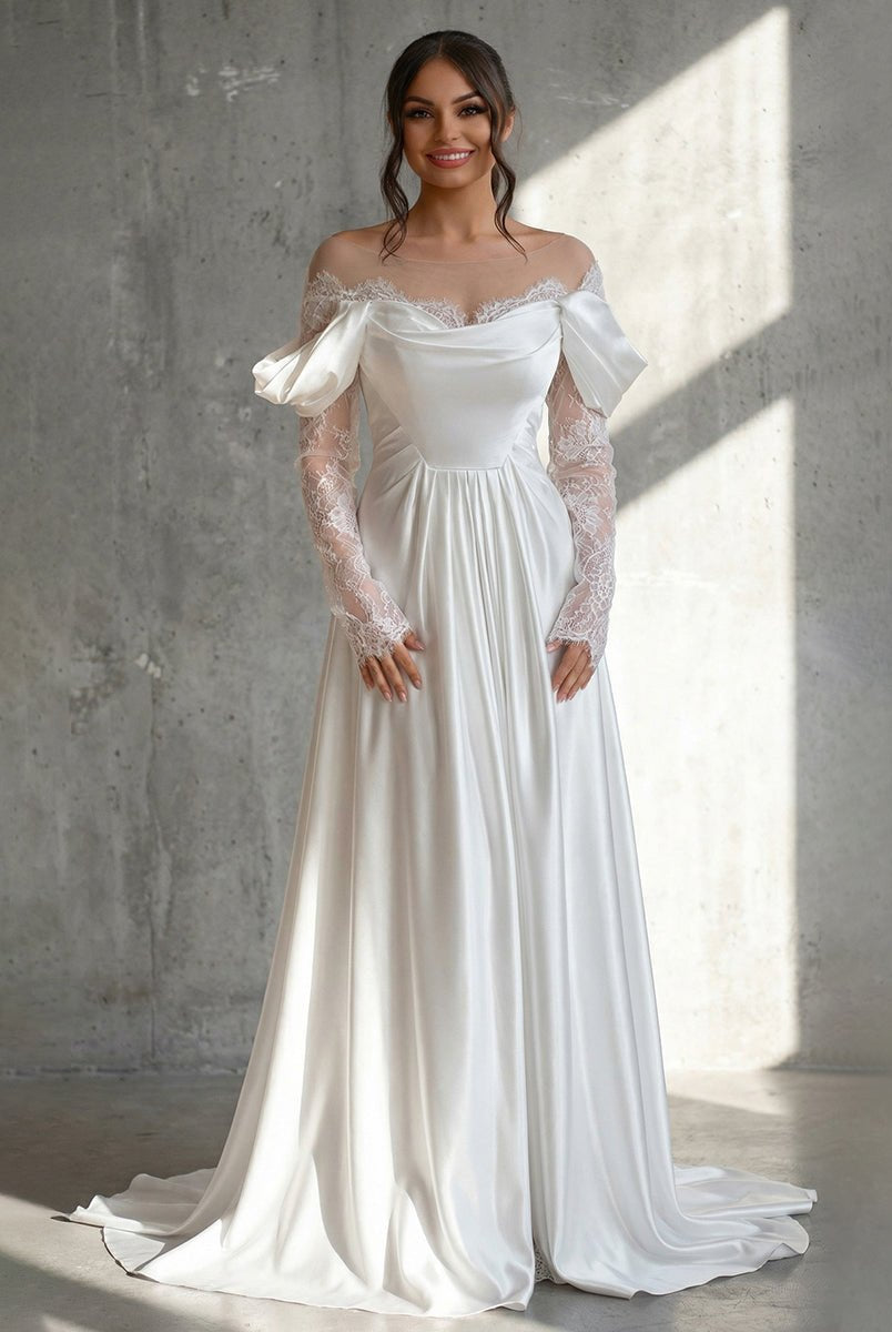 Caelira | Mermaid Off - the - Shoulder Satin Lace Wedding Dress with Slit - KissProm