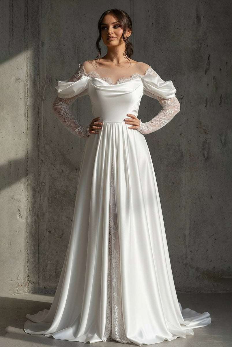 Caelira | Mermaid Off - the - Shoulder Satin Lace Wedding Dress with Slit - KissProm