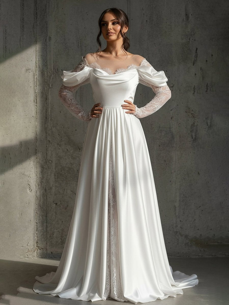 Caelira | Mermaid Off - the - Shoulder Satin Lace Wedding Dress with Slit - KissProm