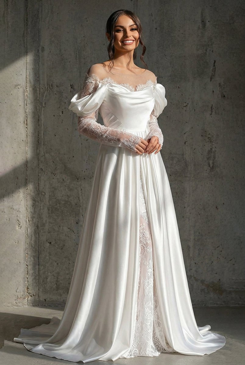 Caelira | Mermaid Off - the - Shoulder Satin Lace Wedding Dress with Slit - KissProm