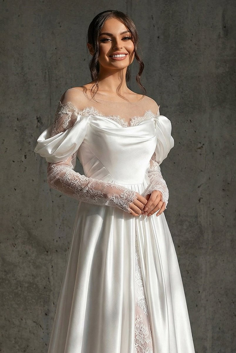 Caelira | Mermaid Off - the - Shoulder Satin Lace Wedding Dress with Slit - KissProm