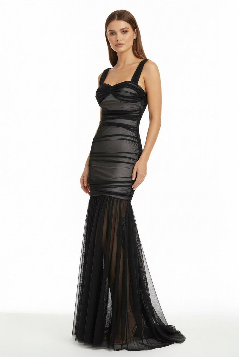 Caelis | Black - Off The Shoulder Mermaid Tulle Pleated Long Formal Prom Dresses - KissProm