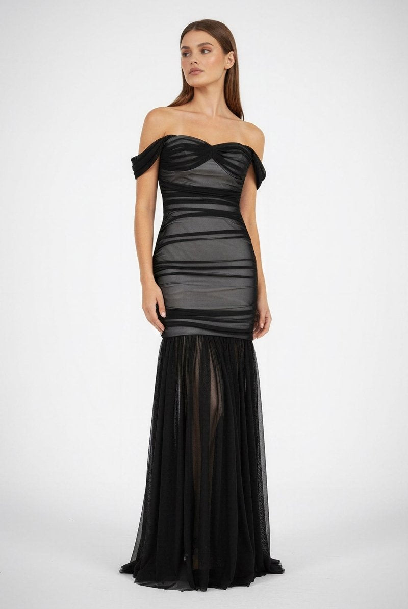 Caelis | Black - Off The Shoulder Mermaid Tulle Pleated Long Formal Prom Dresses - KissProm