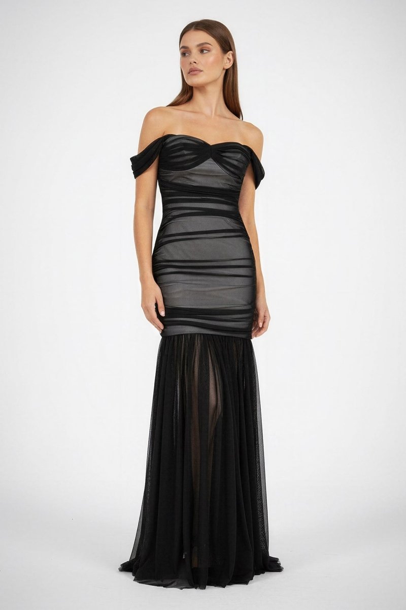 Caelis | Black - Off The Shoulder Mermaid Tulle Pleated Long Formal Prom Dresses - KissProm