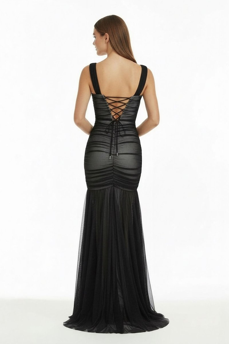 Caelis | Black - Off The Shoulder Mermaid Tulle Pleated Long Formal Prom Dresses - KissProm