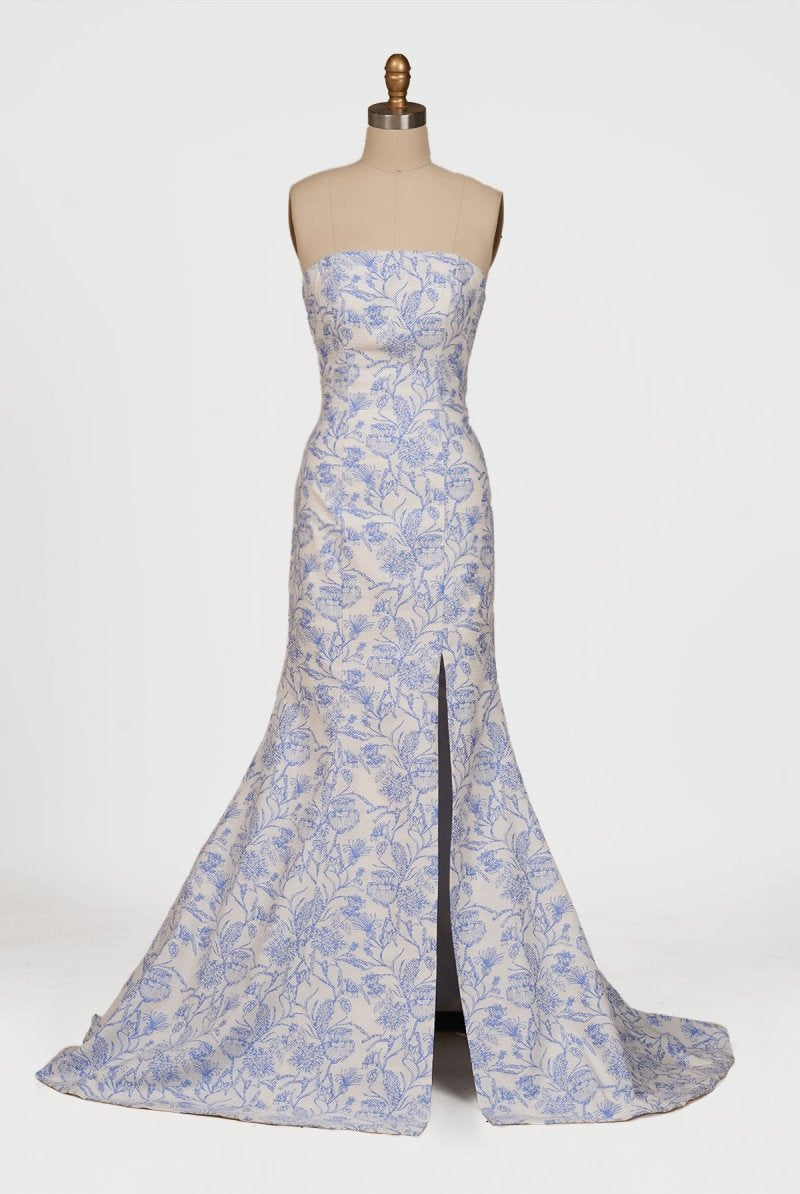 Caelith | Blue - Strapless Mermaid Floral Jacquard Long Formal Prom Dresses With Slit - KissProm