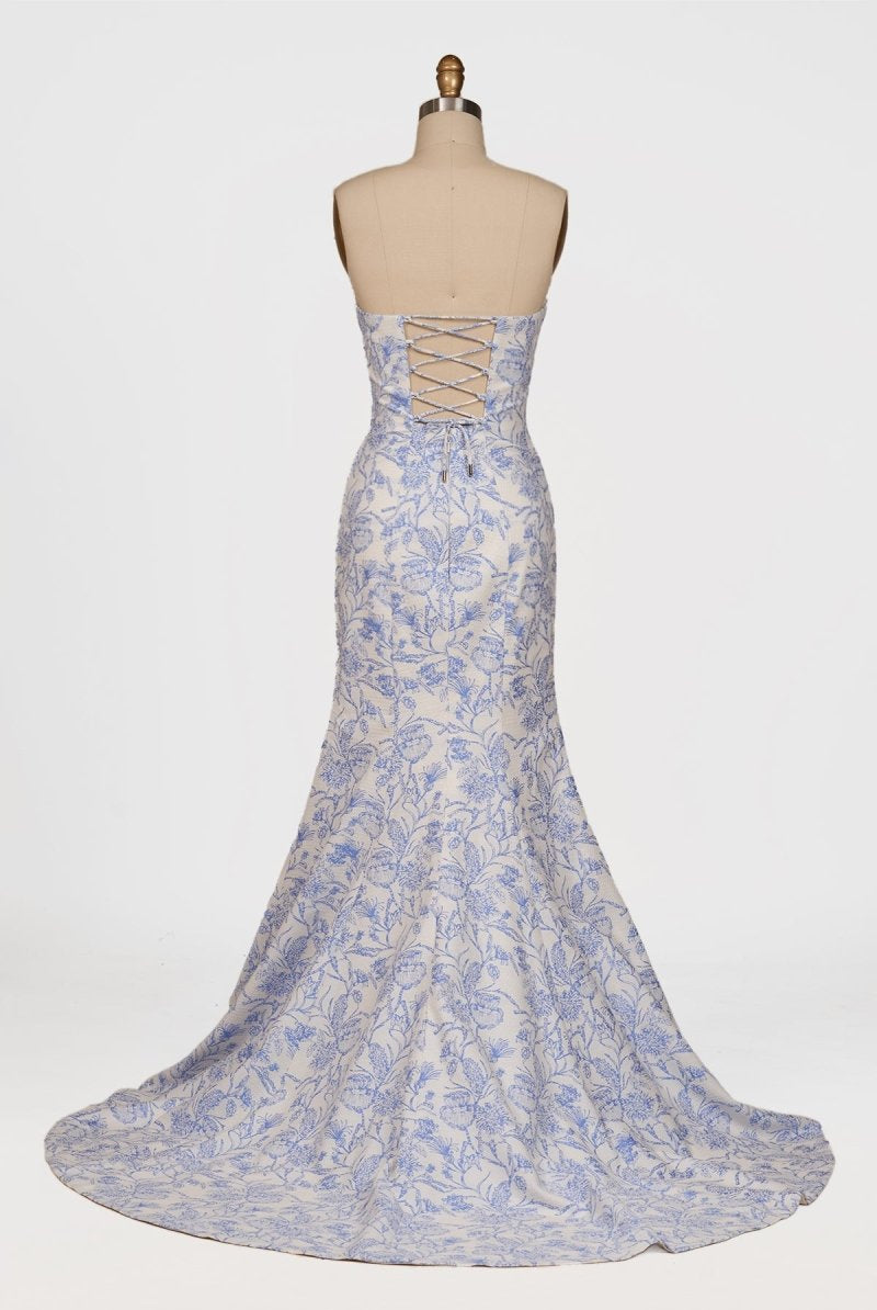 Caelith | Blue - Strapless Mermaid Floral Jacquard Long Formal Prom Dresses With Slit - KissProm