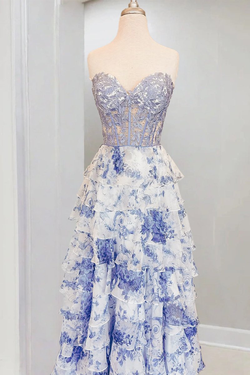 Caesia | Blue - Sweetheart A Line Floral Chiffon Ruffled Formal Prom Dresses With Appliques - KissProm