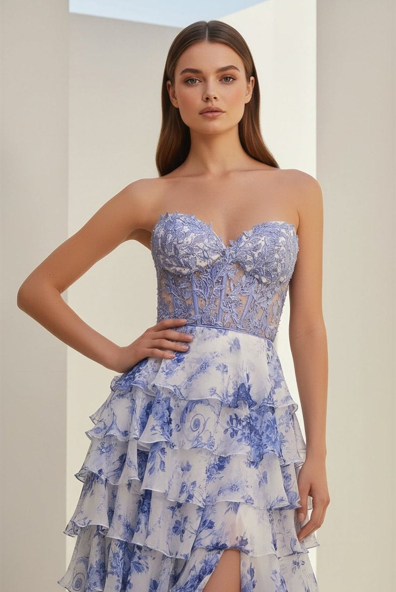 Caesia | Blue - Sweetheart A Line Floral Chiffon Ruffled Formal Prom Dresses With Appliques - KissProm