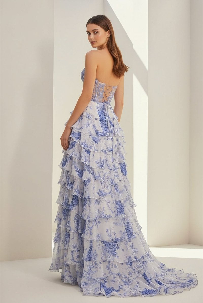Caesia | Blue - Sweetheart A Line Floral Chiffon Ruffled Formal Prom Dresses With Appliques - KissProm