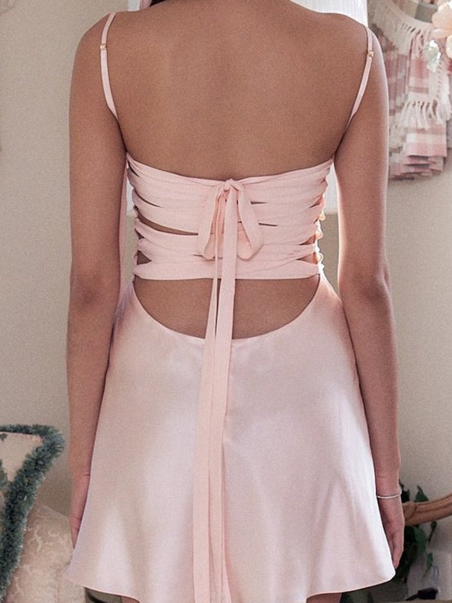 Caia | Pink - Spaghetti Straps A Line Satin Short Homecoming Dress With Bow