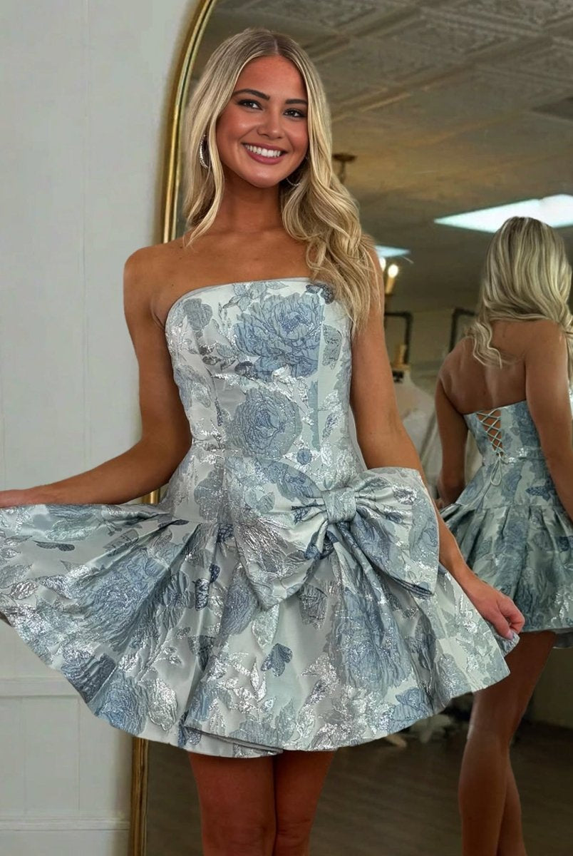 Calia | Grey Blue - A Line Strapless Brocade Textured Homecoming Dresses with Bow