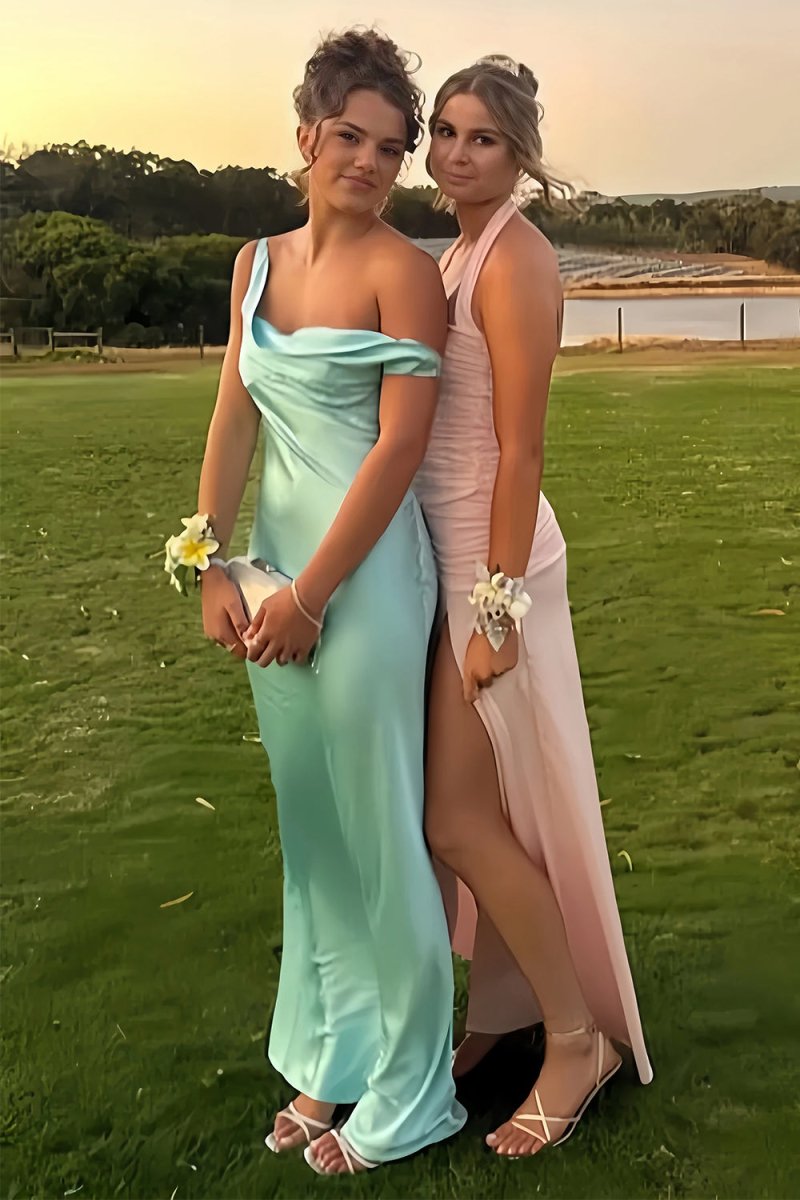 Calira | Aqua - One Shoulder Sheath Satin Long Prom Dresses - KissProm