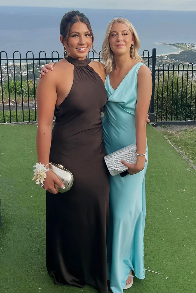 Calira | Aqua - One Shoulder Sheath Satin Long Prom Dresses - KissProm