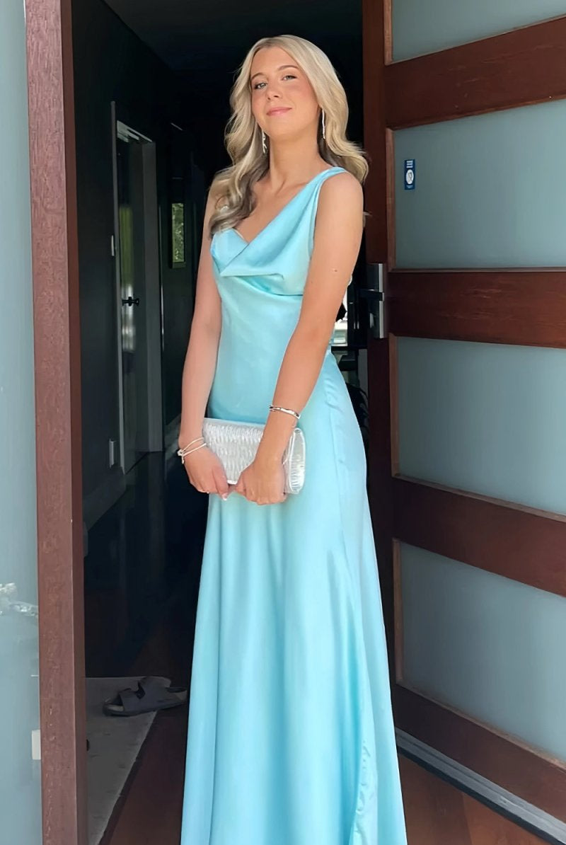 Calira | Aqua - One Shoulder Sheath Satin Long Prom Dresses - KissProm