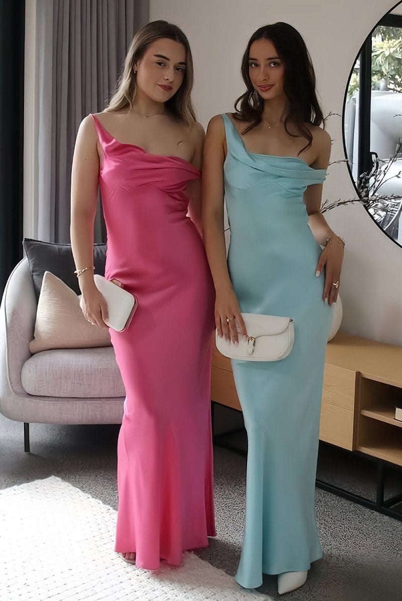 Calira | Aqua - One Shoulder Sheath Satin Long Prom Dresses - KissProm
