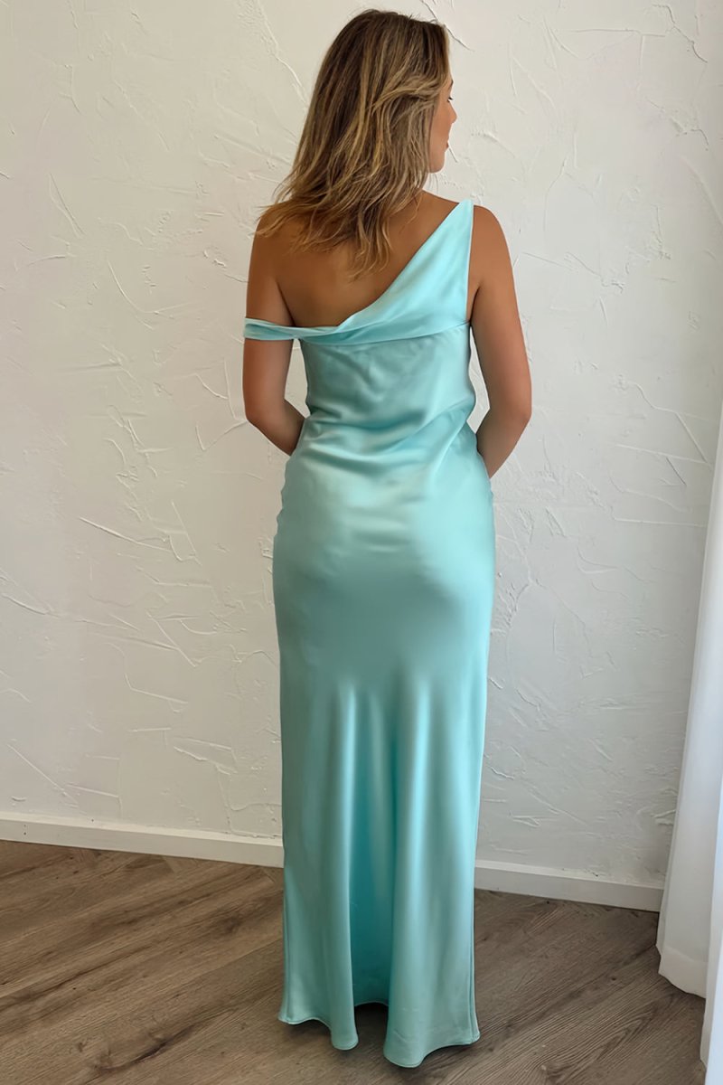 Calira | Aqua - One Shoulder Sheath Satin Long Prom Dresses - KissProm