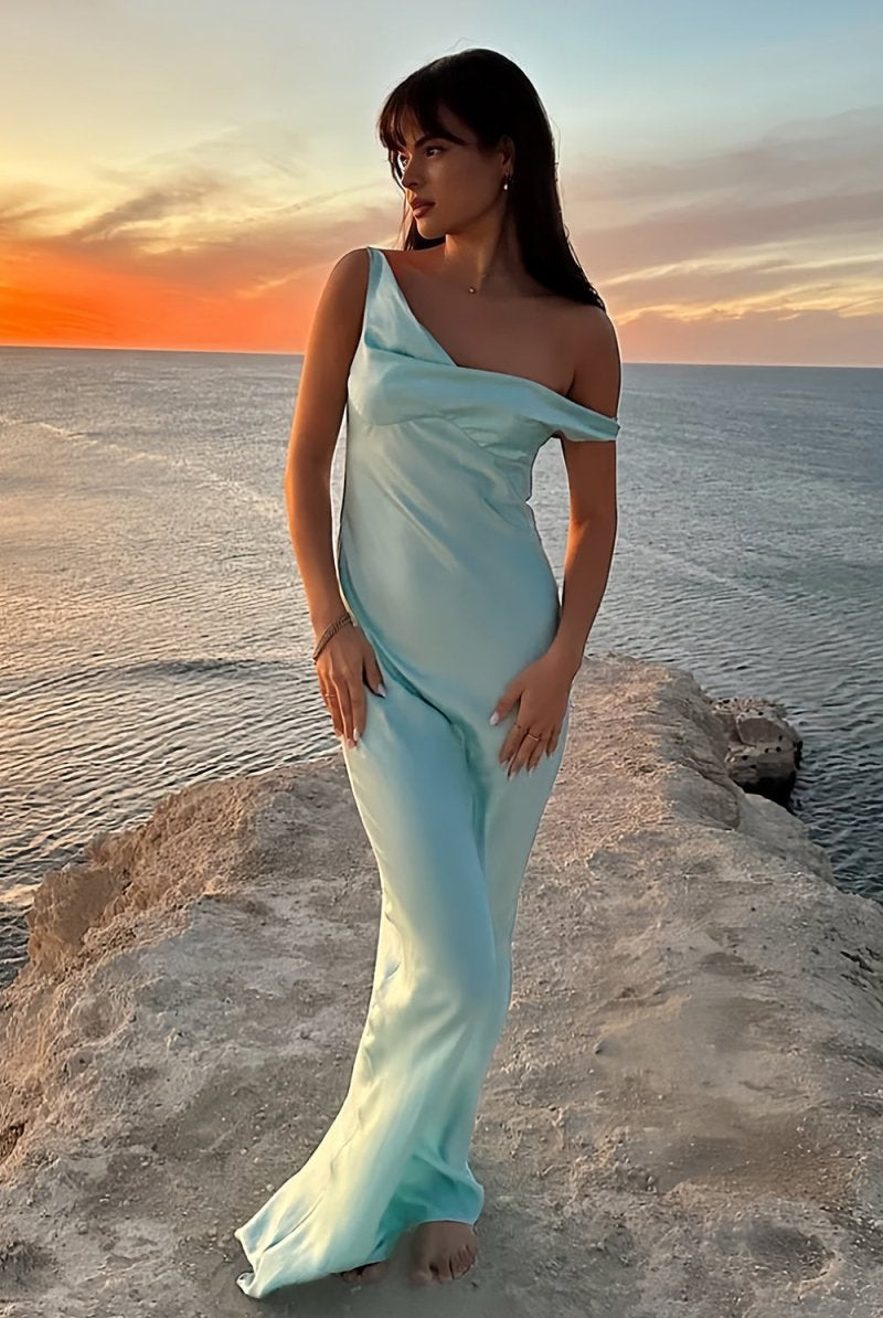Calira | Aqua - One Shoulder Sheath Satin Long Prom Dresses - KissProm