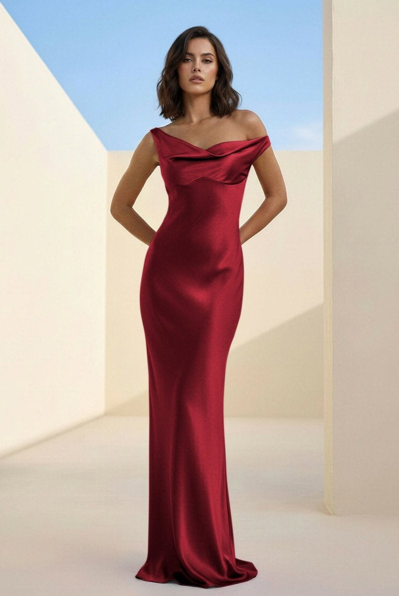 Calira | Fuchsia - One Shoulder Sheath Satin Long Prom Dresses - KissProm