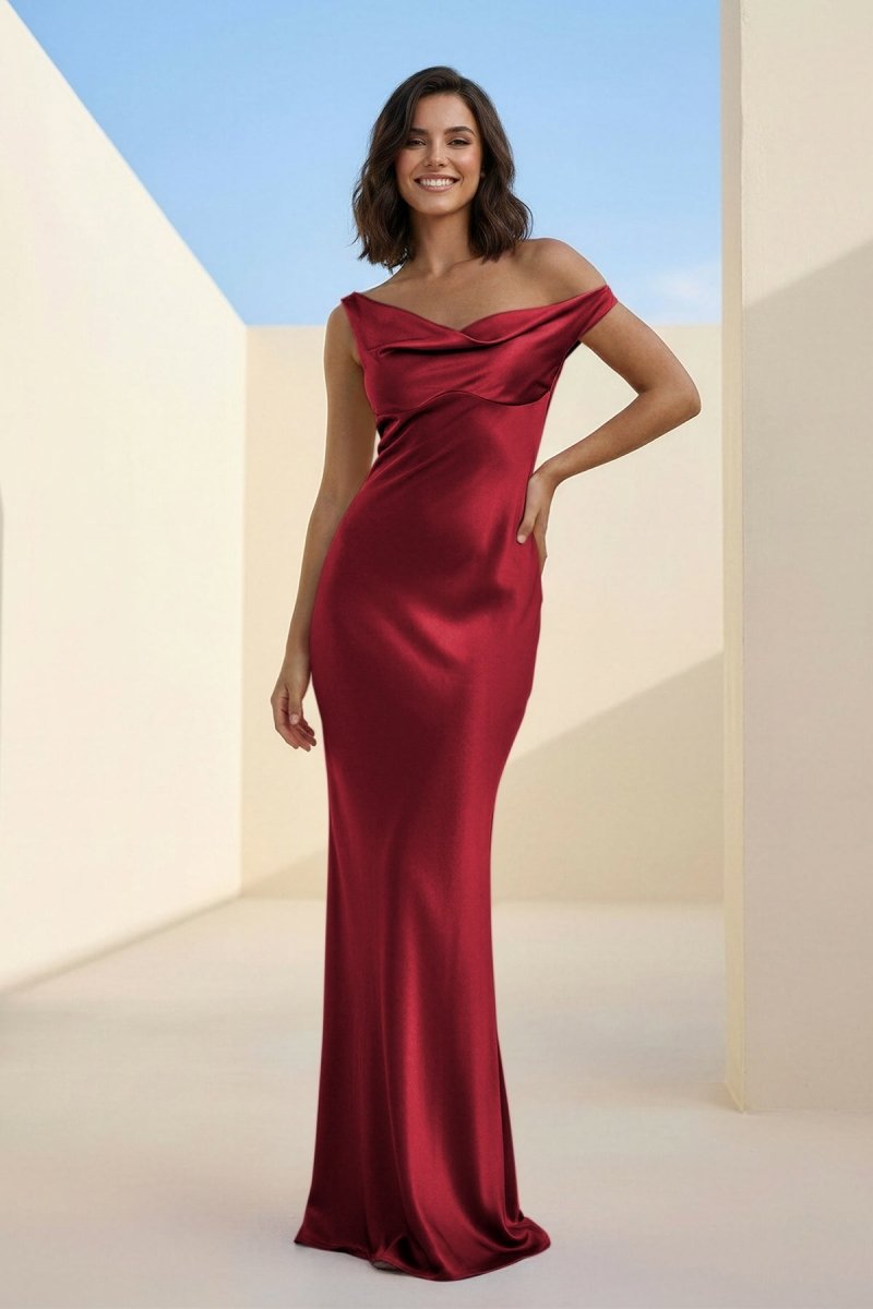 Calira | Fuchsia - One Shoulder Sheath Satin Long Prom Dresses - KissProm
