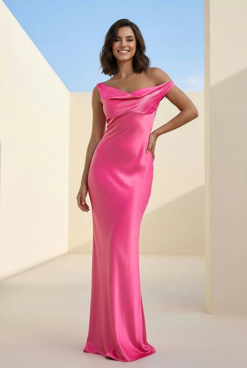 Calira | Fuchsia - One Shoulder Sheath Satin Long Prom Dresses - KissProm